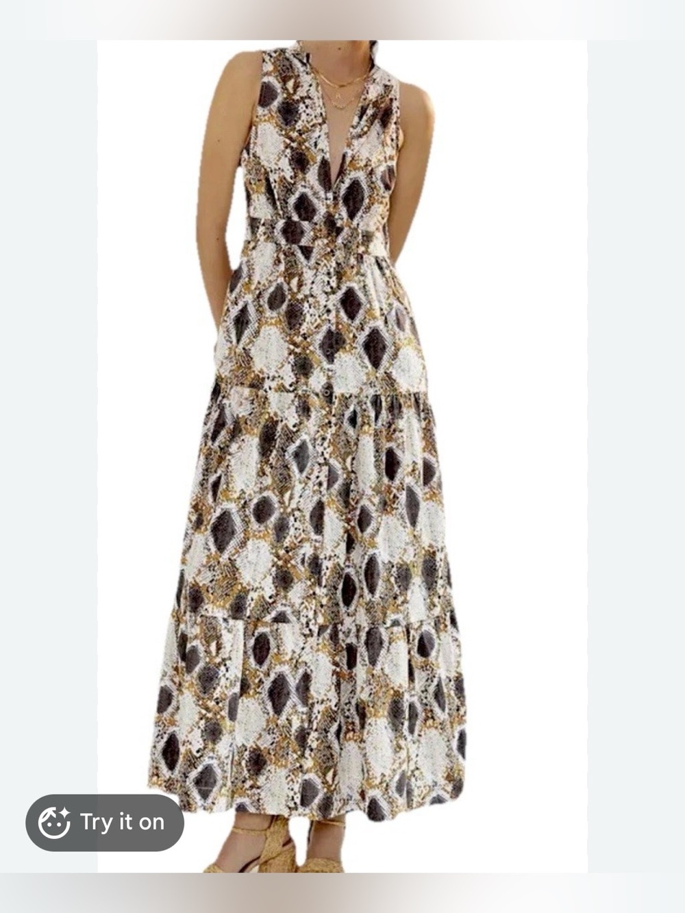 Anthropologie Snake-Print Maxi Dress in Brown and Cream